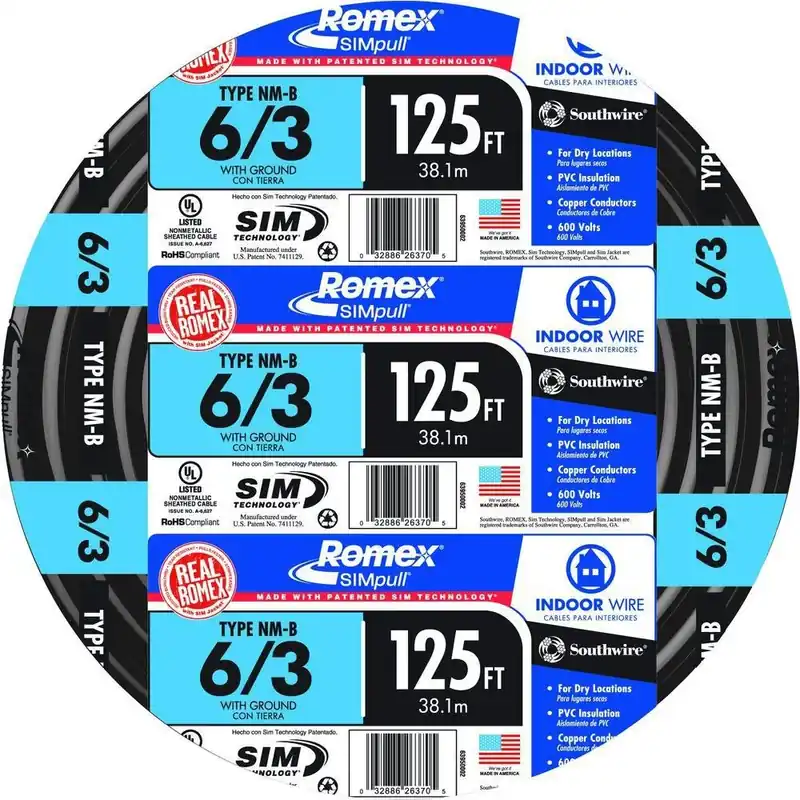 Non-Metallic Romex Sheathed Cable With Ground, Copper, 6/3, 125 Ft. Coil
