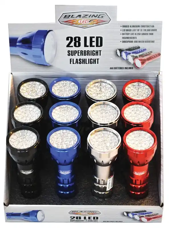 28 LED Flashlight, Aluminum, Assorted Colors, 3 AAA Batteries