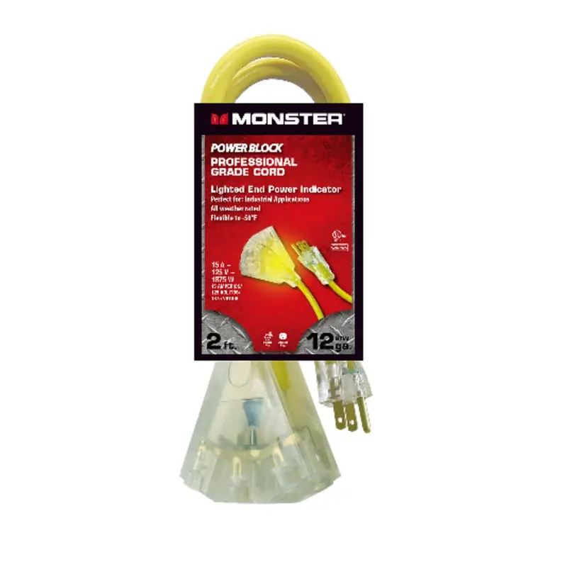 2 Ft. Yellow Outdoor Triple Outlet Extension Cord 12/3 Sjtw Model Ag-1232pb