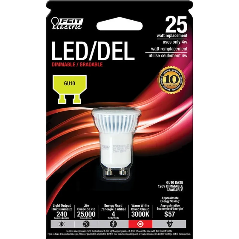 Feit 4W GU10 MR11 LED Bulb – Warm White, Dimmable, 25W Equivalent