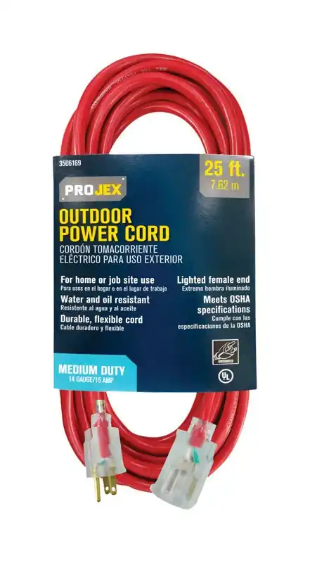 25 Ft. Red Indoor/outdoor Extension Cord 14/3 Sjtow With Grounded Plug