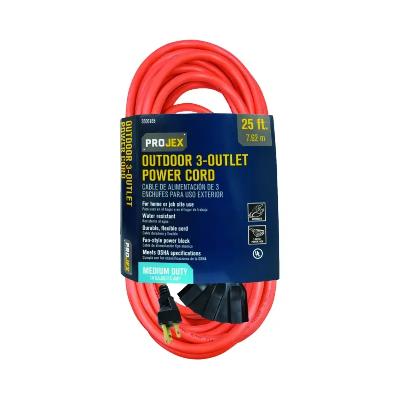 25 Ft. L Orange Extension Cord 14/3 Sjtw With Triple Outlet