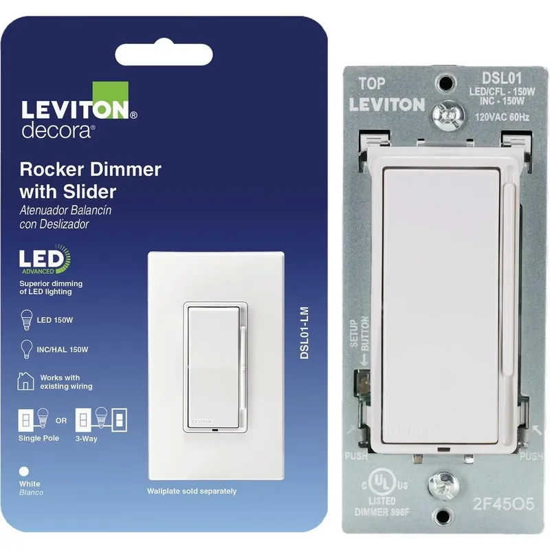 Leviton White Decora‑Style Slide Dimmer – Rocker Switch For LED, CFL & Incandescent Lighting