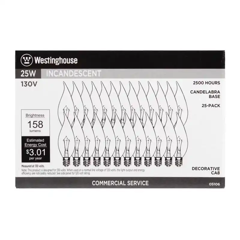 Westinghouse 25 W CA8 Decorative Incandescent Bulb E12 (Candelabra) Warm White 25 Pk