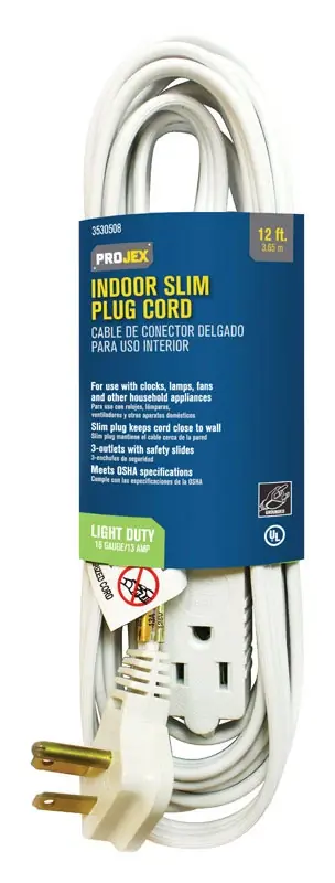 Indoor 12 Ft. White Slim Plug Cord 16/3 Spt-2 With 3 Outlets