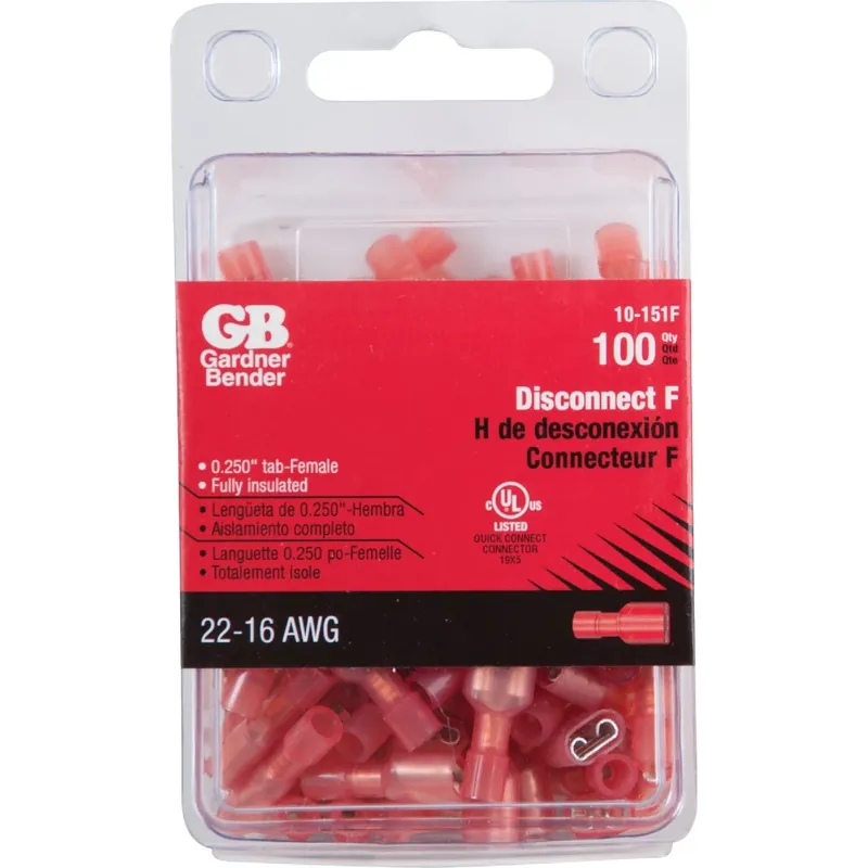 Gardner Bender 22-16 AWG Insulated Wire Female Disconnect Red 100 Pk