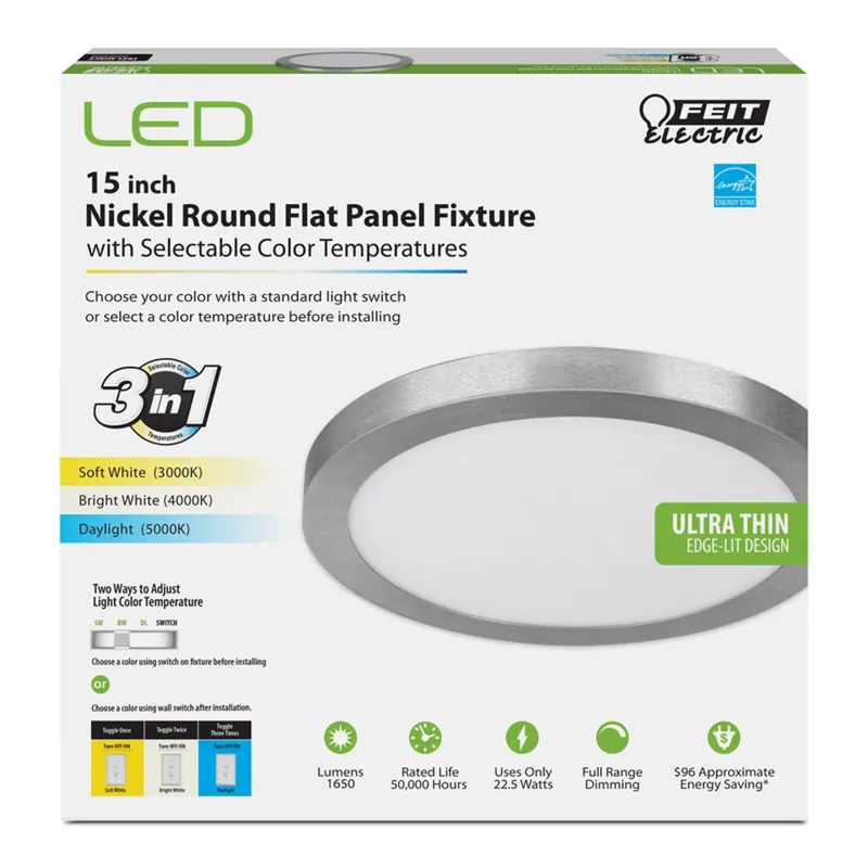 LED Edge-Lit Flat Panel Recessed Ceiling Light Kit, Selectable Color Temp, Nickel, 12.5 Watt, 15 In. Round