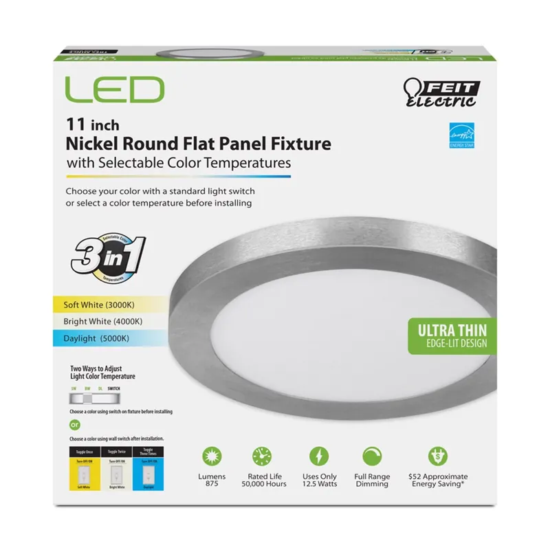 LED Edge-Lit Flat Panel Recessed Ceiling Light Kit, Flush Mount, Nickel, Selectable Color Temp, 12.5 Watt, 11 In. Round