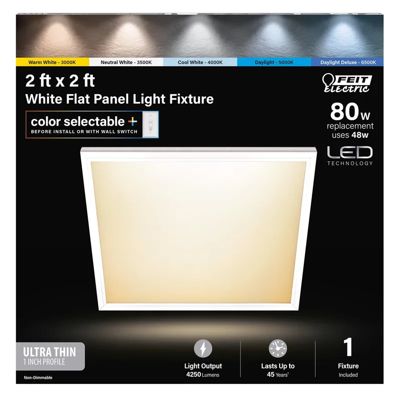 LED Bright Flush Mount Ceiling Fixture, Selectable Color Temp, 12.5 Watts, White, 2 X 2 Ft.