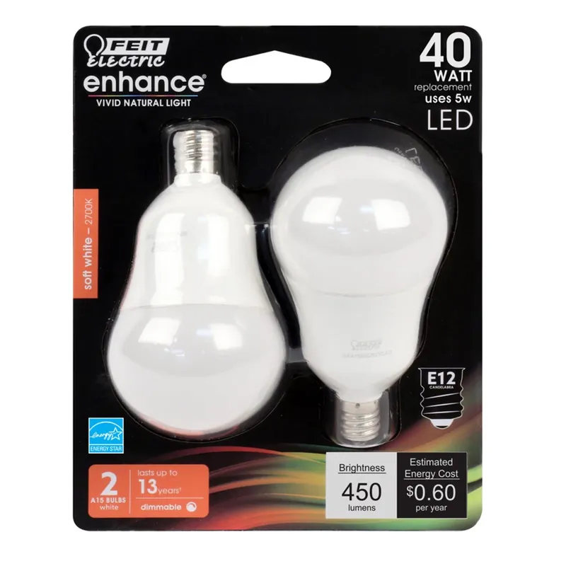 Feit Enhance A15 E12 (Candelabra) LED Bulb Soft White 40 Watt Equivalence 2 Pk