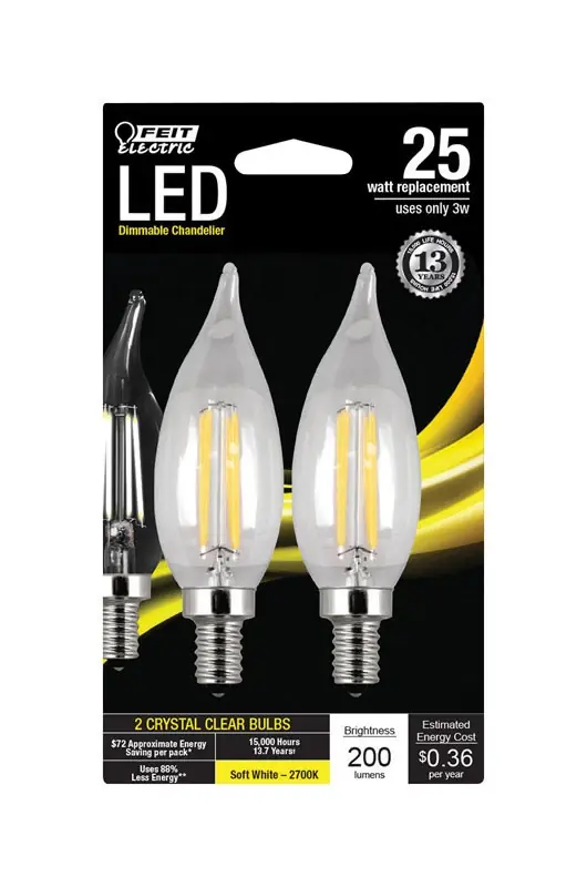 FEIT Electric CA10 E12 (Candelabra) LED Bulb Soft White 25 Watt Equivalence 2 Pk