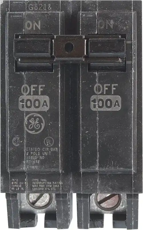 GE THQL21100P 100‑Amp Double‑Pole Circuit Breaker – 120/240 V Plug‑in, Tin‑Plated