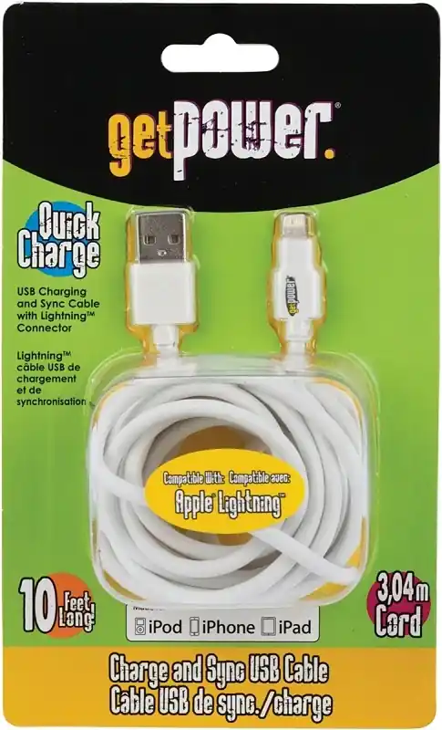 USB To Apple Lightning Tip Charging/Sync Braided Cables, White, 10-Ft.