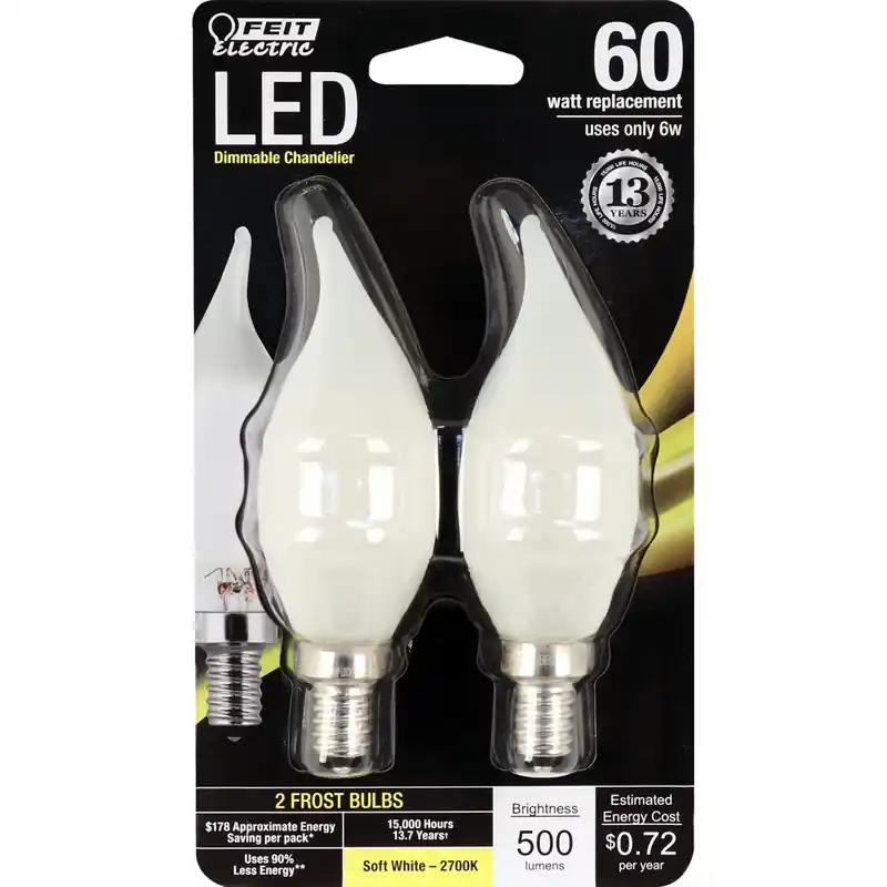 Feit CA10 (Flame Tip) E12 (Candelabra) LED Bulb Soft White 60 Watt Equivalence 2 Pk