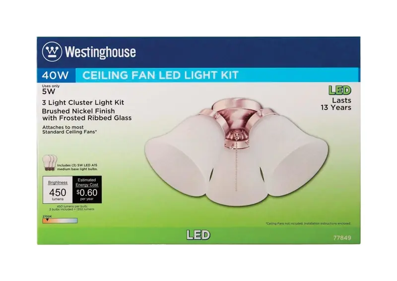 LED Ceiling Fan Light Kit, Brushed Nickel With Frosted Ribbed Glass