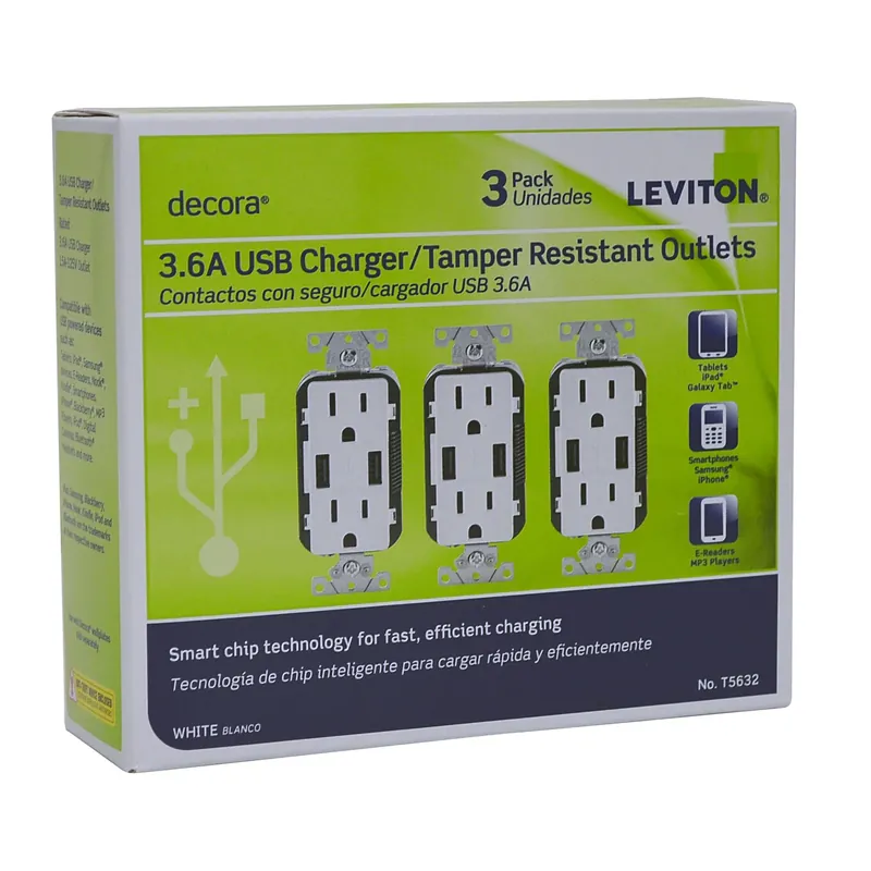 Leviton Decora 15 Amps 125 V Duplex White Outlet And USB Charger 5-15R 3 Pk