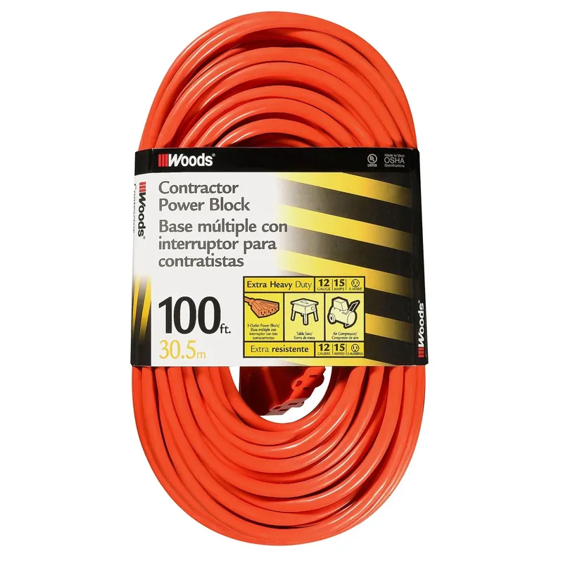100 Ft. 12/3 Heavy-duty Orange Extension Cord With Power Block And 3 Outlets