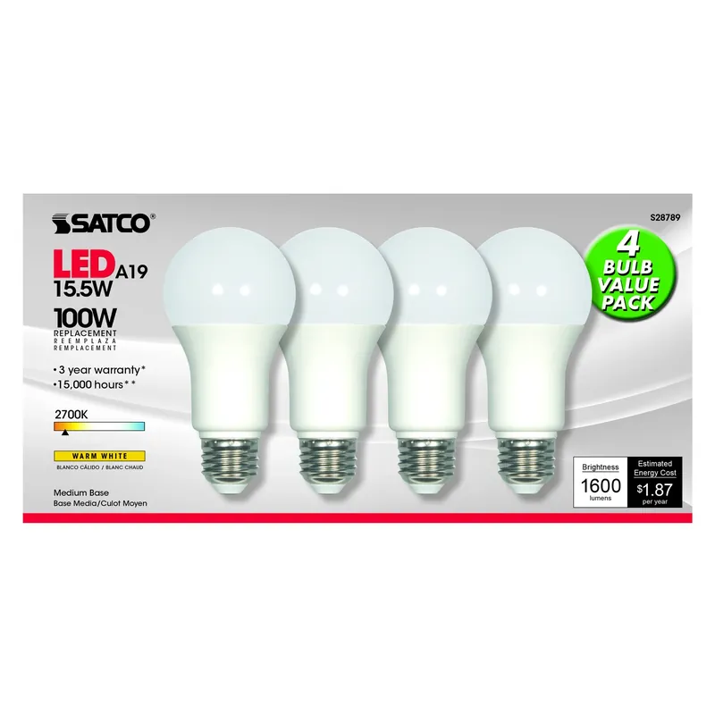 Satco A19 E26 (Medium) LED Bulb Warm White 100 Watt Equivalence 4 Pk
