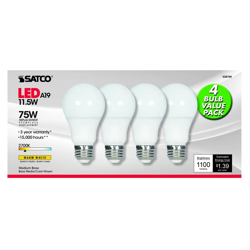 Satco Type-A A19 E26 (Medium) LED Bulb Warm White 75 Watt Equivalence 4 Pk