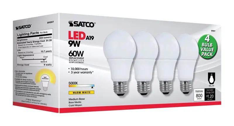 Satco Type A A19 E26 (Medium) LED Bulb Natural Light 60 Watt Equivalence 4 Pk