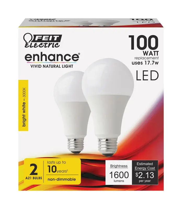 Feit Enhance A19 E26 (Medium) LED Bulb Bright White 100 Watt Equivalence 2 Pk