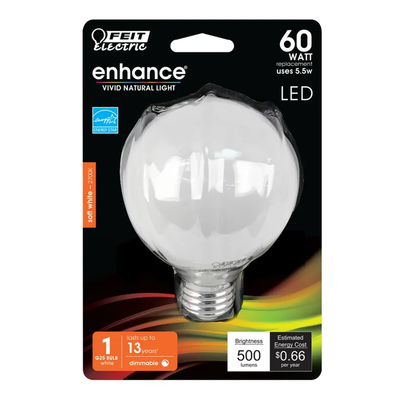 Feit Enhance G25 E26 (Medium) LED Bulb Soft White 60 Watt Equivalence 1 Pk