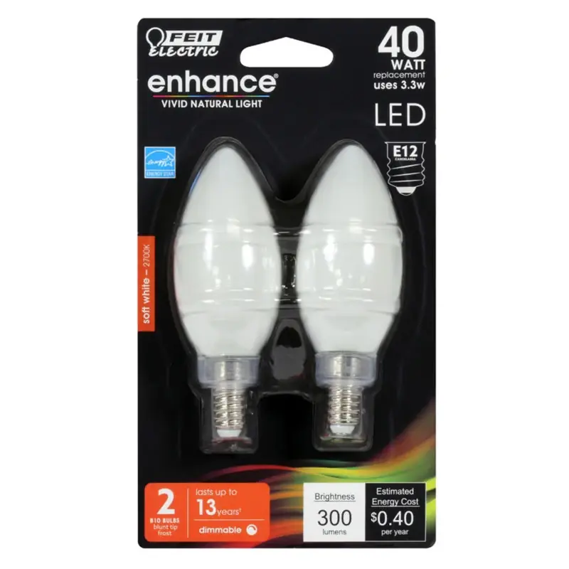 Feit Enhance B10 E12 (Candelabra) Filament LED Bulb Soft White 40 Watt Equivalence 2 Pk