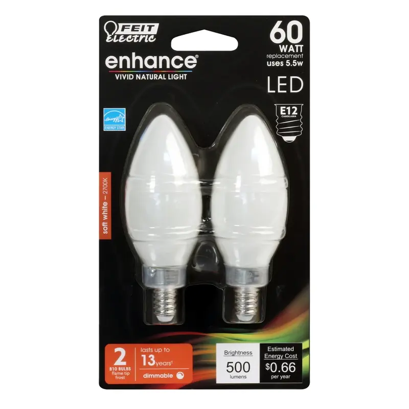 Feit Enhance Blunt Tip E12 (Candelabra) Filament LED Bulb Soft White 60 Watt Equivalence 2 Pk