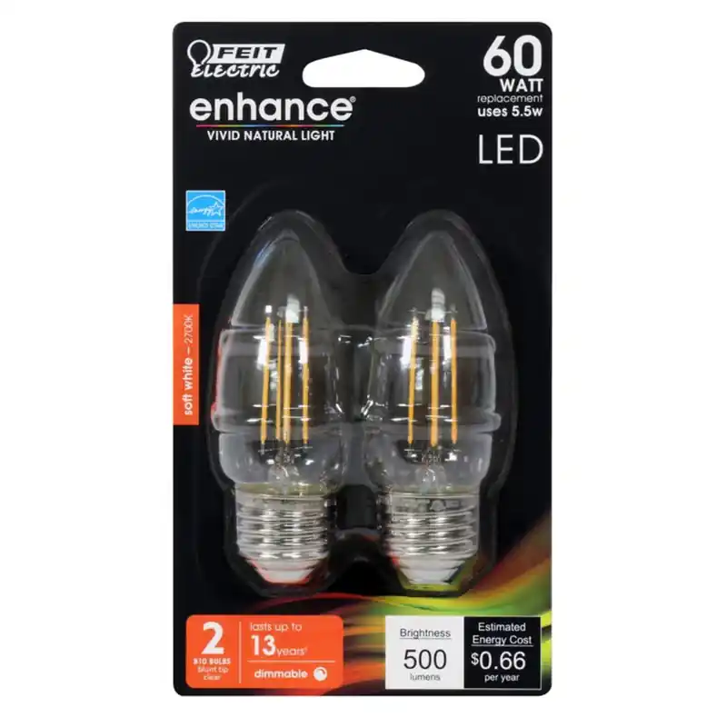 Feit Electric Acres Enhance B10 E26 (Medium) Filament LED Bulb Soft White 60 Watt Equivalence 2 PK