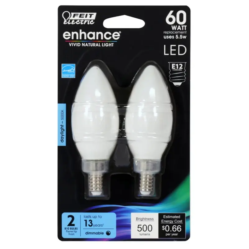 Feit Enhance Blunt Tip E12 (Candelabra) Filament LED Bulb Daylight 60 Watt Equivalence 2 Pk