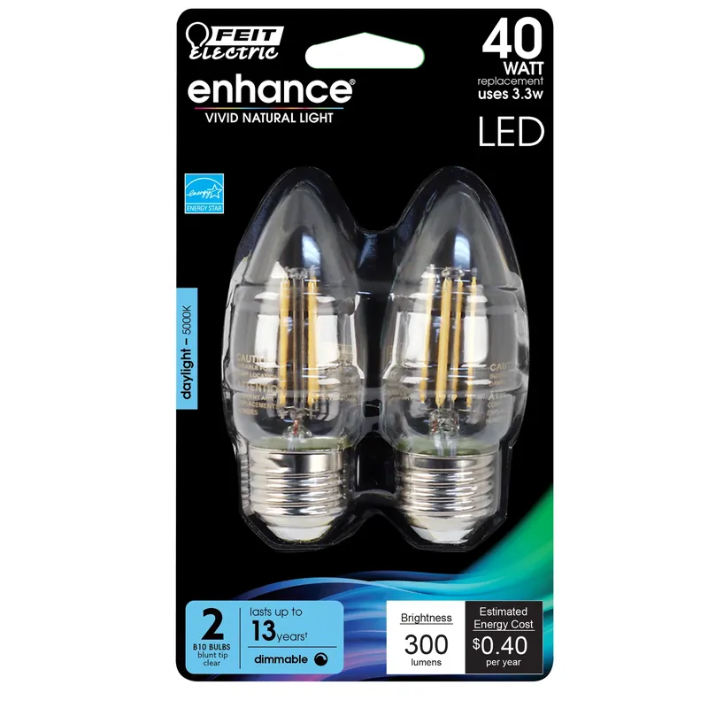 Feit Electric Acres Enhance B10 E26 (Medium) Filament LED Bulb Daylight 40 Watt Equivalence 2 PK