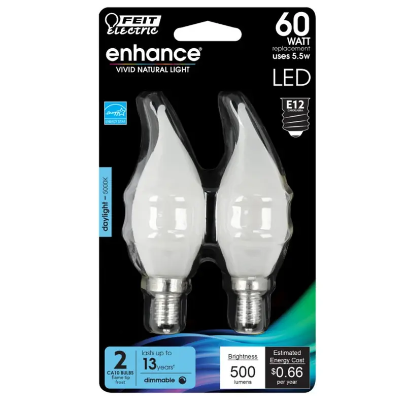 Feit Enhance CA10 (Flame Tip) E12 (Candelabra) Filament LED Bulb Daylight 60 Watt Equivalence 2 Pk