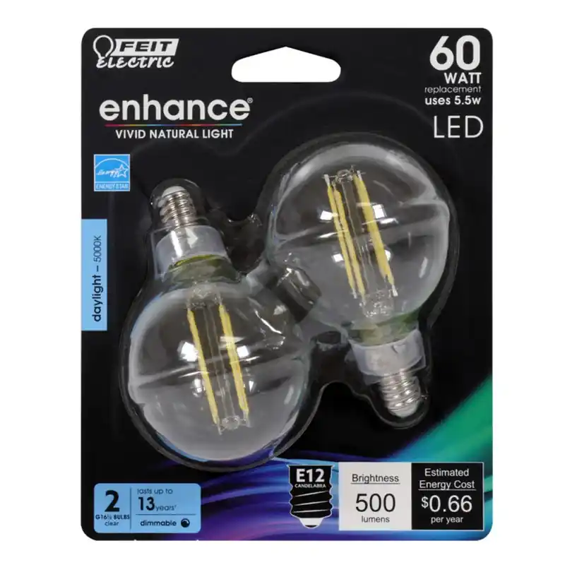 Feit Electric Acres Enhance G16.5 E12 (Candelabra) Filament LED Bulb Daylight 60 Watt Equivalence 2