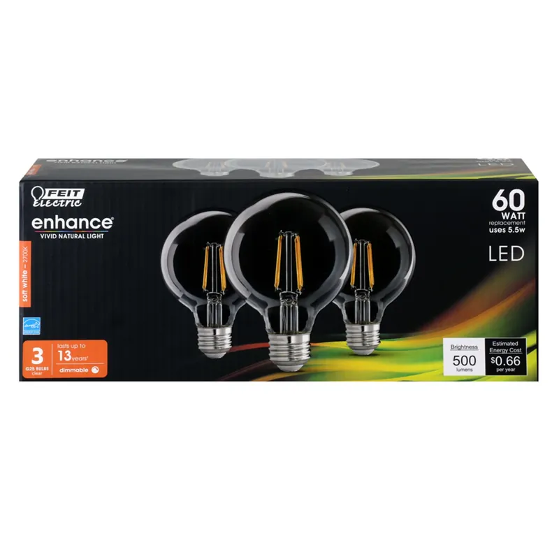 Feit Electric Acres Enhance G25 E26 (Medium) Filament LED Bulb Soft White 60 Watt Equivalence 3 PK