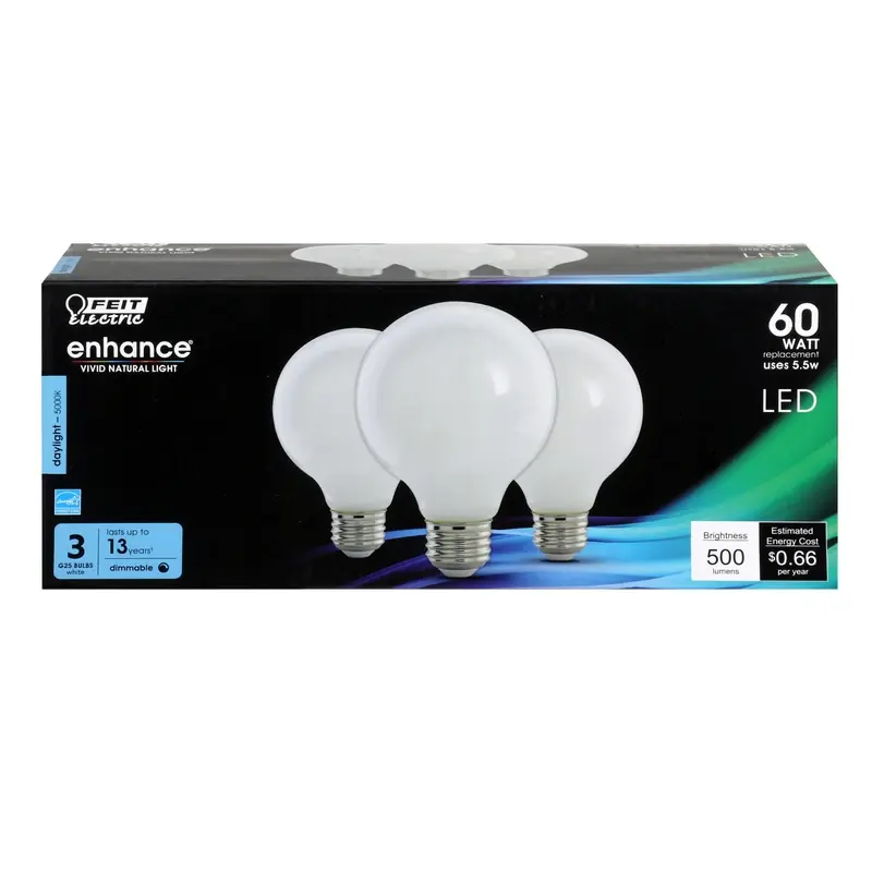 Feit Enhance G25 E26 (Medium) Filament LED Bulb Daylight 60 Watt Equivalence 3 Pk