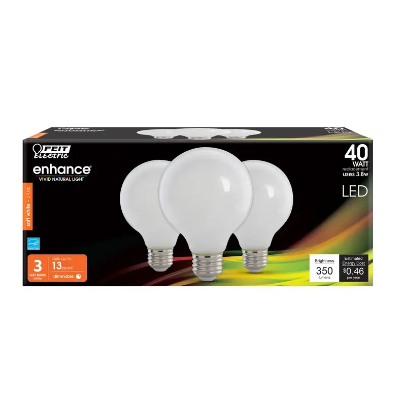 Feit Enhance G25 E26 (Medium) Filament LED Bulb Soft White 40 Watt Equivalence 3 Pk