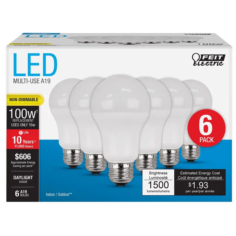 Feit A19 E26 (Medium) LED Bulb Daylight 100 Watt Equivalence 6 Pk