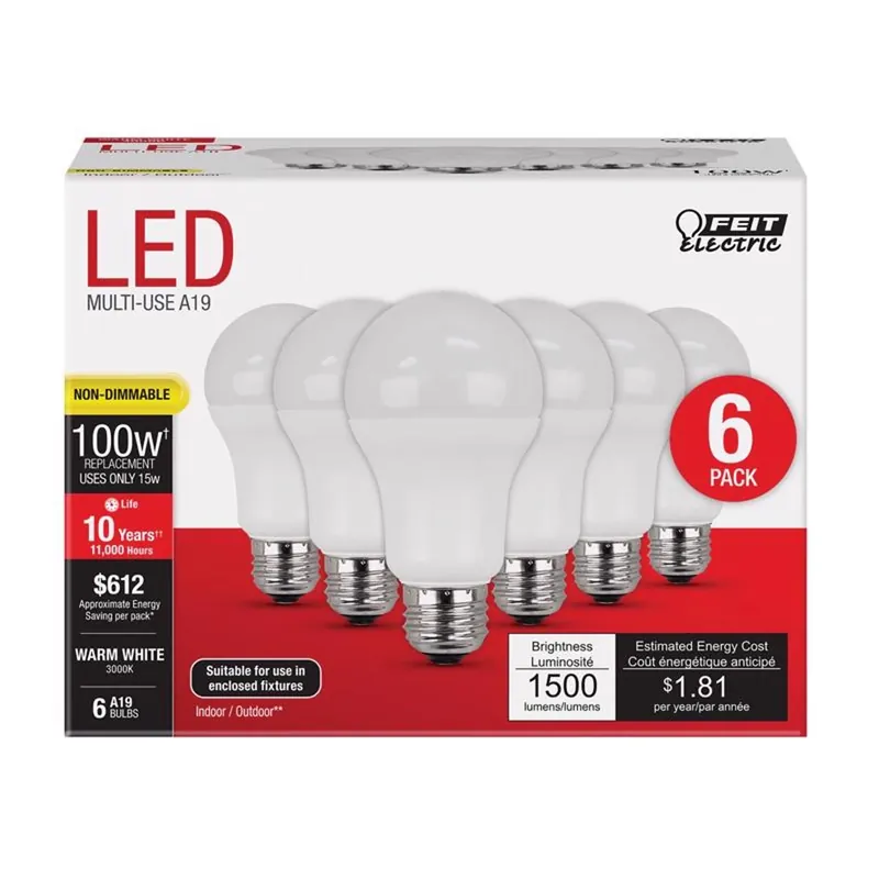 Feit A19 E26 (Medium) LED Bulb Bright White 100 Watt Equivalence 6 Pk