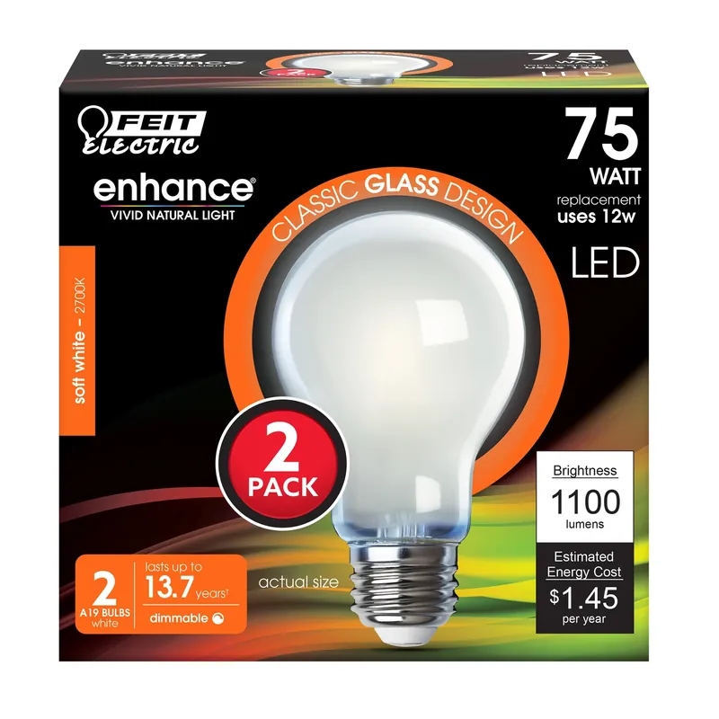 Feit Enhance A19 E26 (Medium) Filament LED Bulb Soft White 75 Watt Equivalence 2 Pk