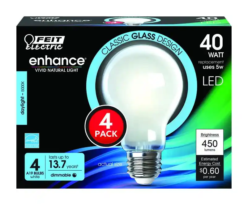 Feit Enhance 4‑Pack A19 Daylight LED Bulb – 5W (40W Equivalent), Dimmable, 5000K, 15000‑Hour Life