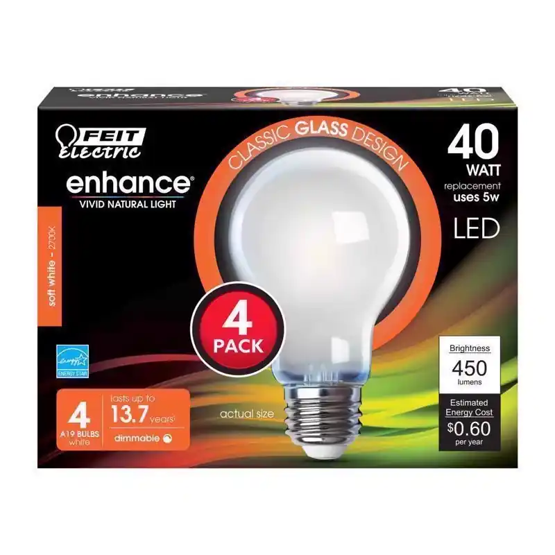 Feit Enhance A19 E26 (Medium) Filament LED Bulb Soft White 40 Watt Equivalence 4 Pk