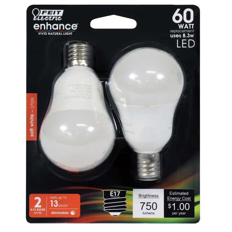 Feit Enhance A15 E17 (Intermediate) LED Bulb Soft White 60 Watt Equivalence 2 Pk