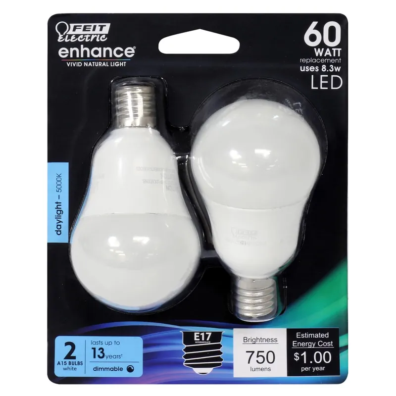 Feit Enhance A15 E17 (Intermediate) LED Bulb Daylight 60 Watt Equivalence 2 Pk
