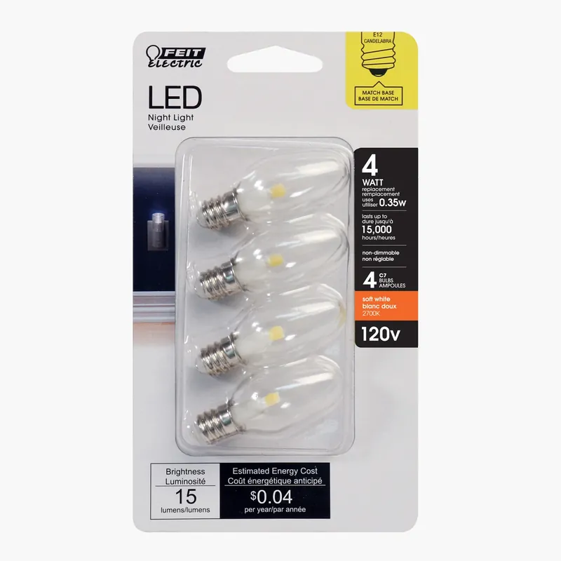 Feit C7 E12 (Candelabra) LED Bulb Soft White 4 Watt Equivalence 4 Pk