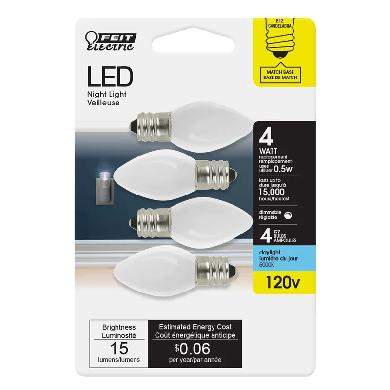 Feit C7 E12 (Candelabra) LED Bulb Daylight 4 Watt Equivalence 4 Pk