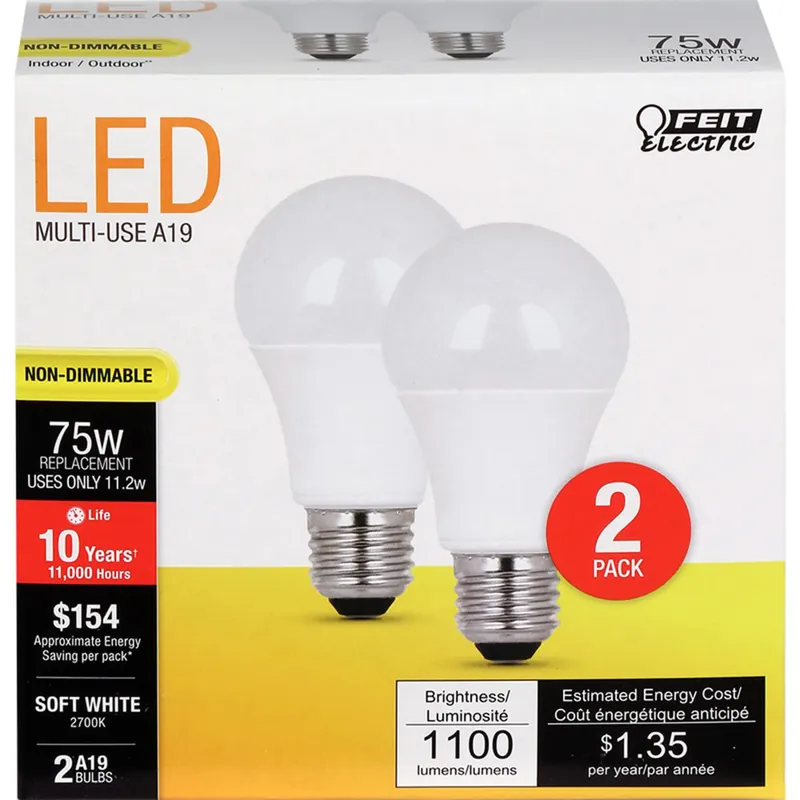 Feit A19 E26 (Medium) LED Bulb Soft White 75 Watt Equivalence 2 Pk