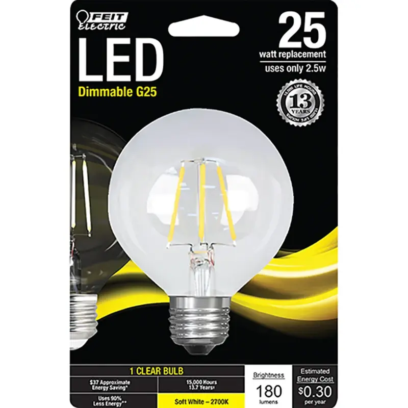 FEIT Electric 2.5 Watts G25 LED Bulb 180 Lumens Soft White Globe 25 Watt Equivalence
