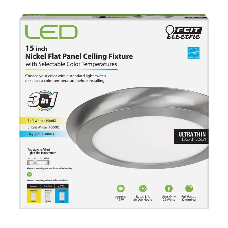 1.1 In. H X 15 In. W X 15 In. L Nickel Led Flat Panel Light Fixture