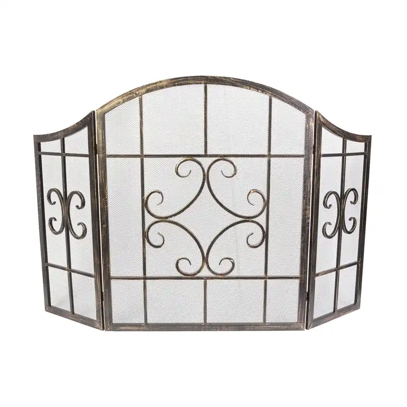 Fireplace Screen, Folding Scroll, Brushed Bronze, 3-Panel