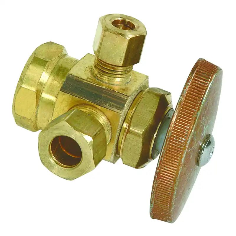 Brass Dual Outlet Stop Valve, 1/2 In. X 3/8 In. X 1/4 In.